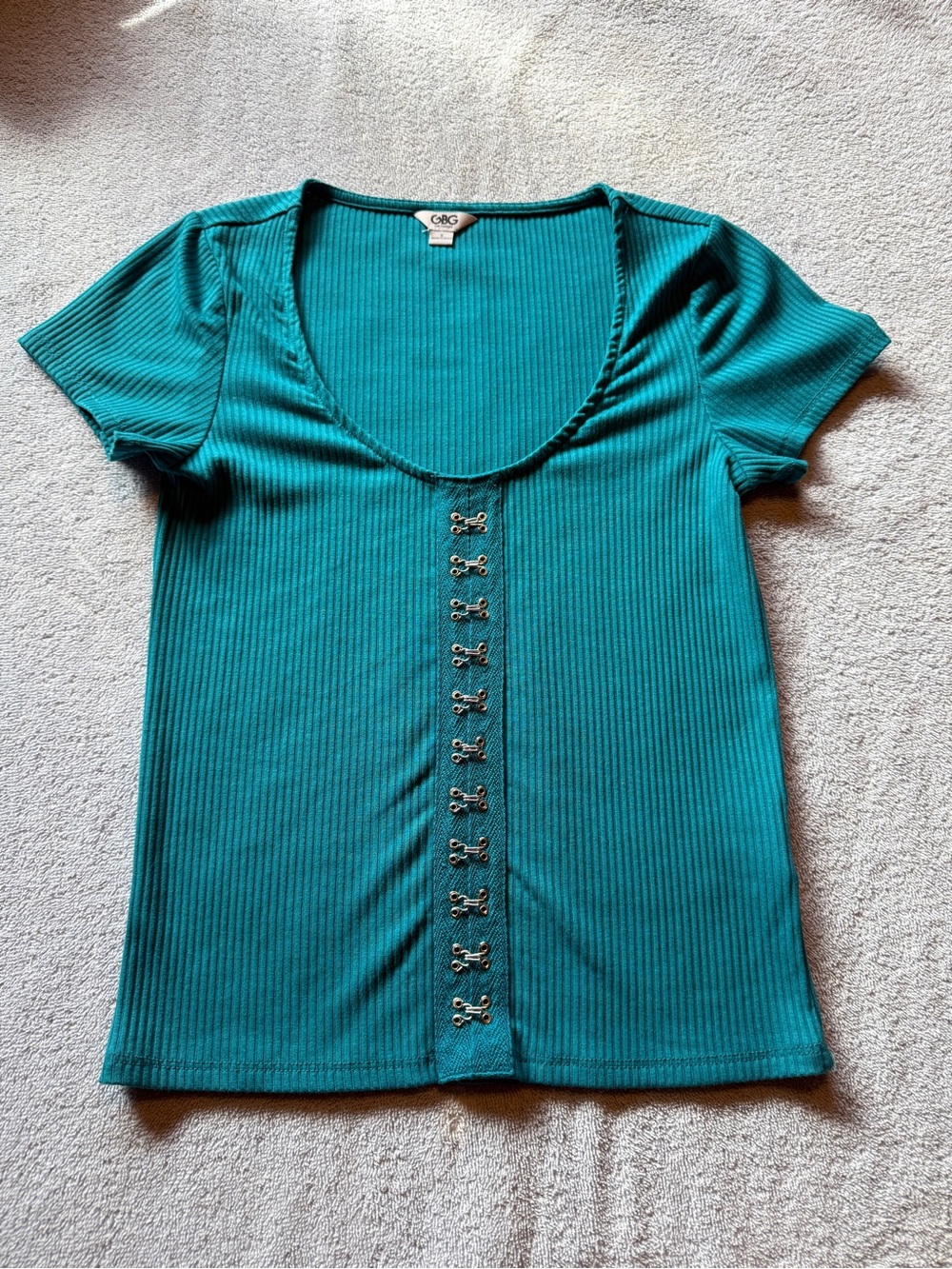 GBG Los Angeles Teal Ribbed Short-Sleeve Hook-and-Eye Scoop Top